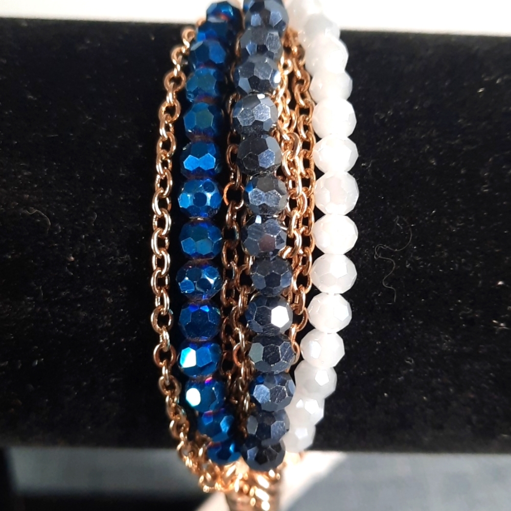 Toggle Bracelet Blue Beads Gold Chain Adjustable Length Fun Lightweight